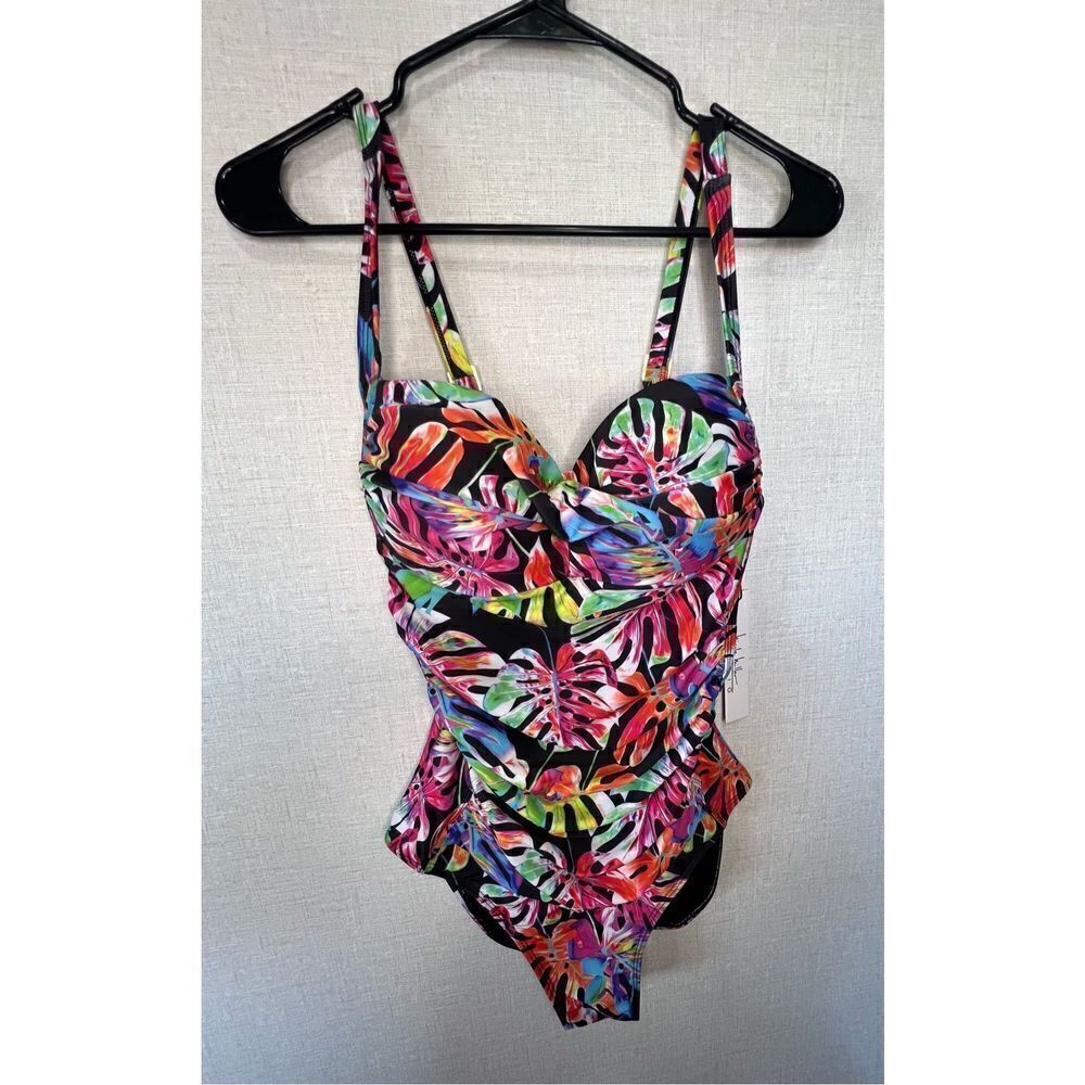 NWT Nicole Miller Rainbow Leaf Patterned One Piece Bathing Suit